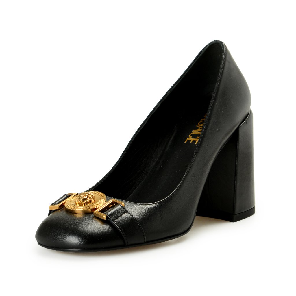 Versace Women's Gold Medusa Black Leather High Heel Pump Shoes Us 6 It 36